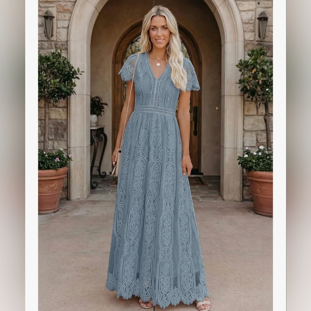 Elegant Lace Maxi Dress in Dusty Blue - Women